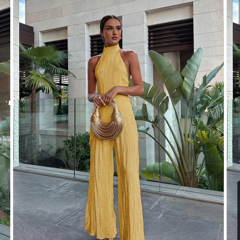 Asymmetric Halter Crop Top with Wide Leg Pants Set; XS